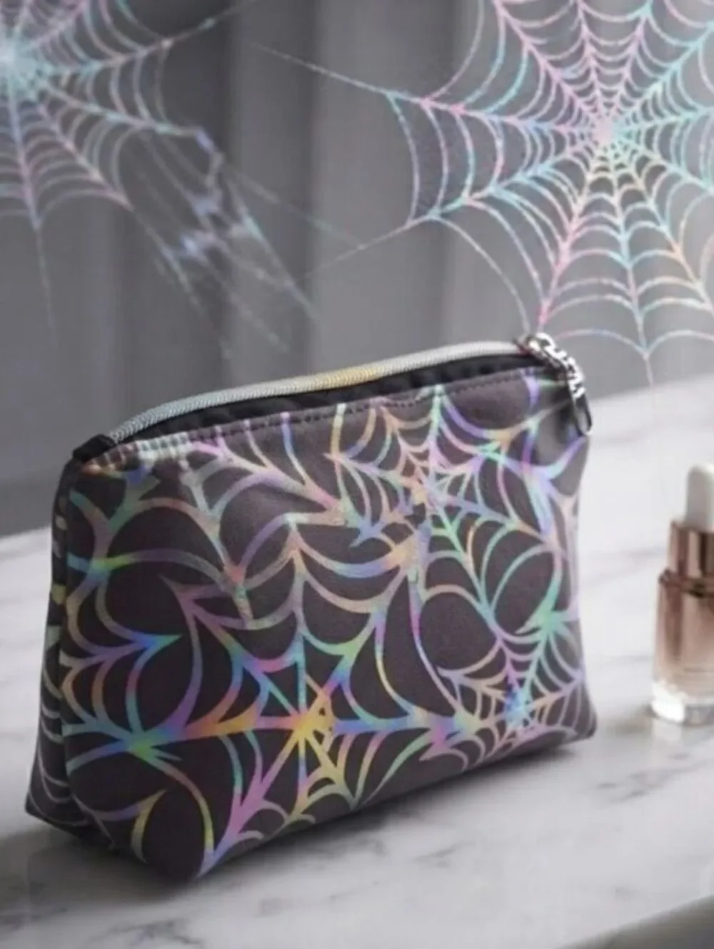 iridescent spider web grey Cosmetic Pouch, whimsical goth bag